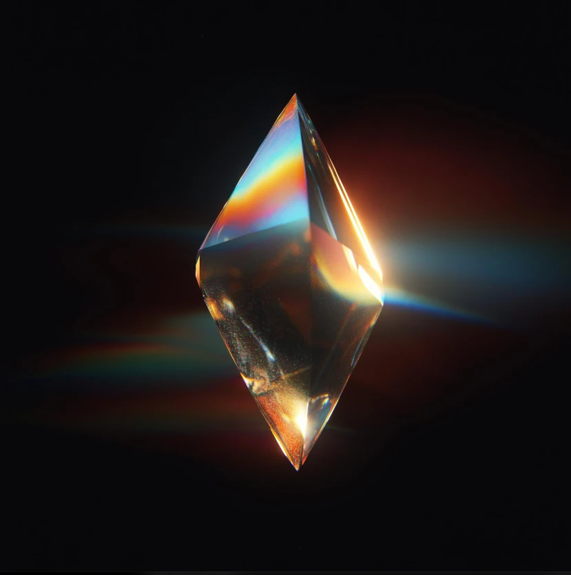 Prisma de cristal refratando sete cores em um cenário celestial