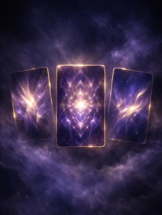 Três cartas de tarot suspensas em um universo celestial dourado
